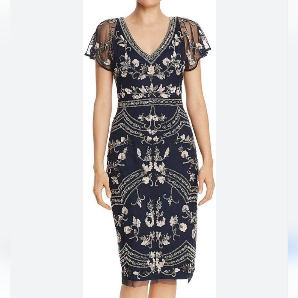 Adrianna Papell Elegant Navy Sequins Dress
